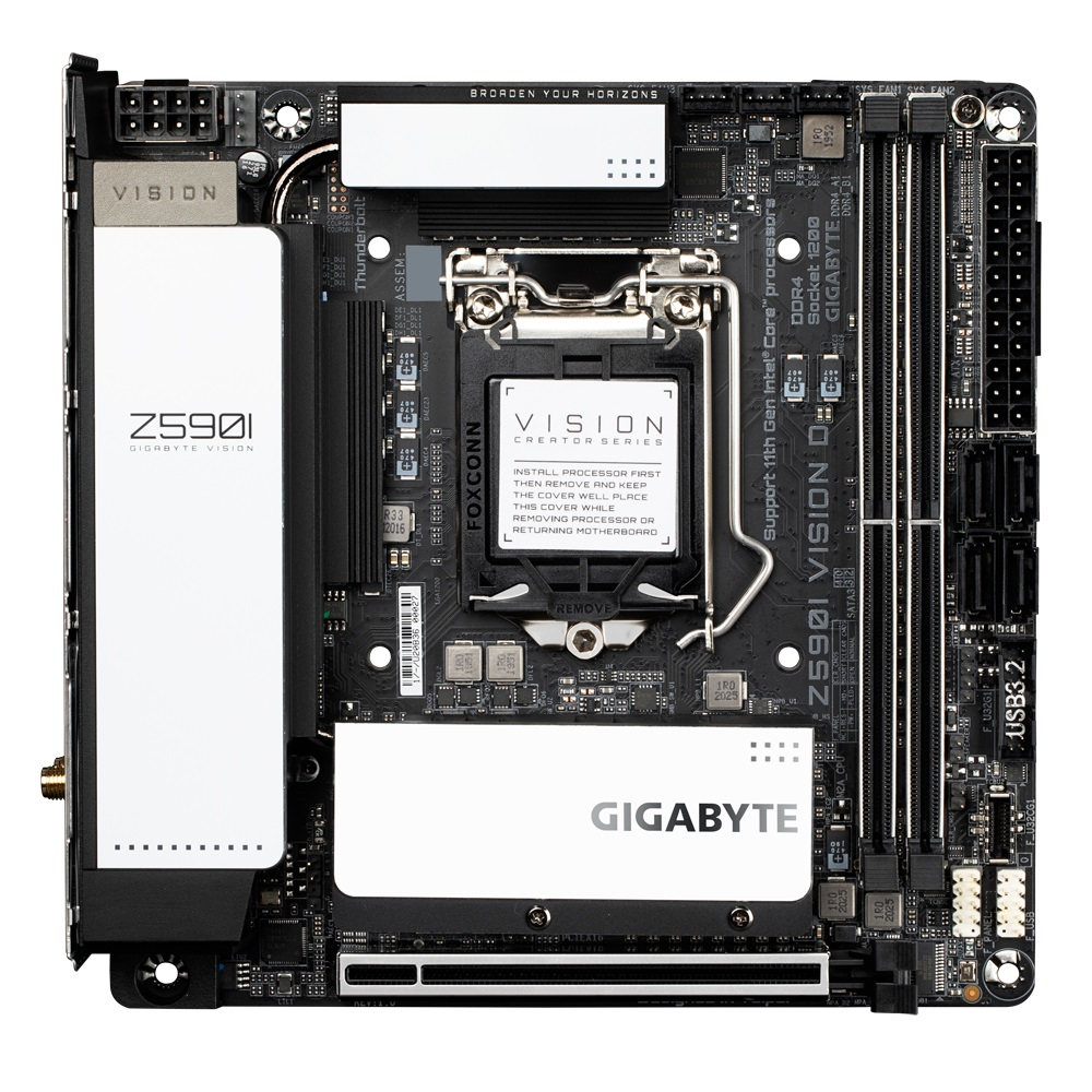 GIGABYTE Z590I VISION D WIFI FCLGA1200 Mini ITX Motherboard : 2 x DDR4 Slots, 2 x PCIe 3.0 x16 Slots, 1 x PCIe x16 Slot, 4 x SATA III Slots 7.1-Channel Audio