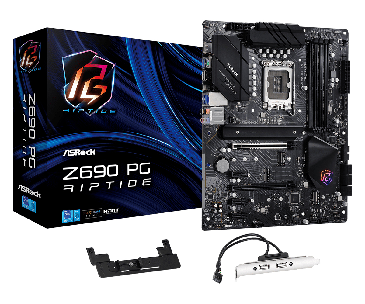 ASRock Z690 PG Riptide WIFI FCLGA1200 ATX Motherboard : 1 x DDR4 Slot, 2 x PCIe 3.0 x16 Slots, 1 x PCIe x1 Slot, 2 x PCIe x16 Slots, 1 x M.2 Slot, 8 x SATA III Slots 7.1-Channel Audio