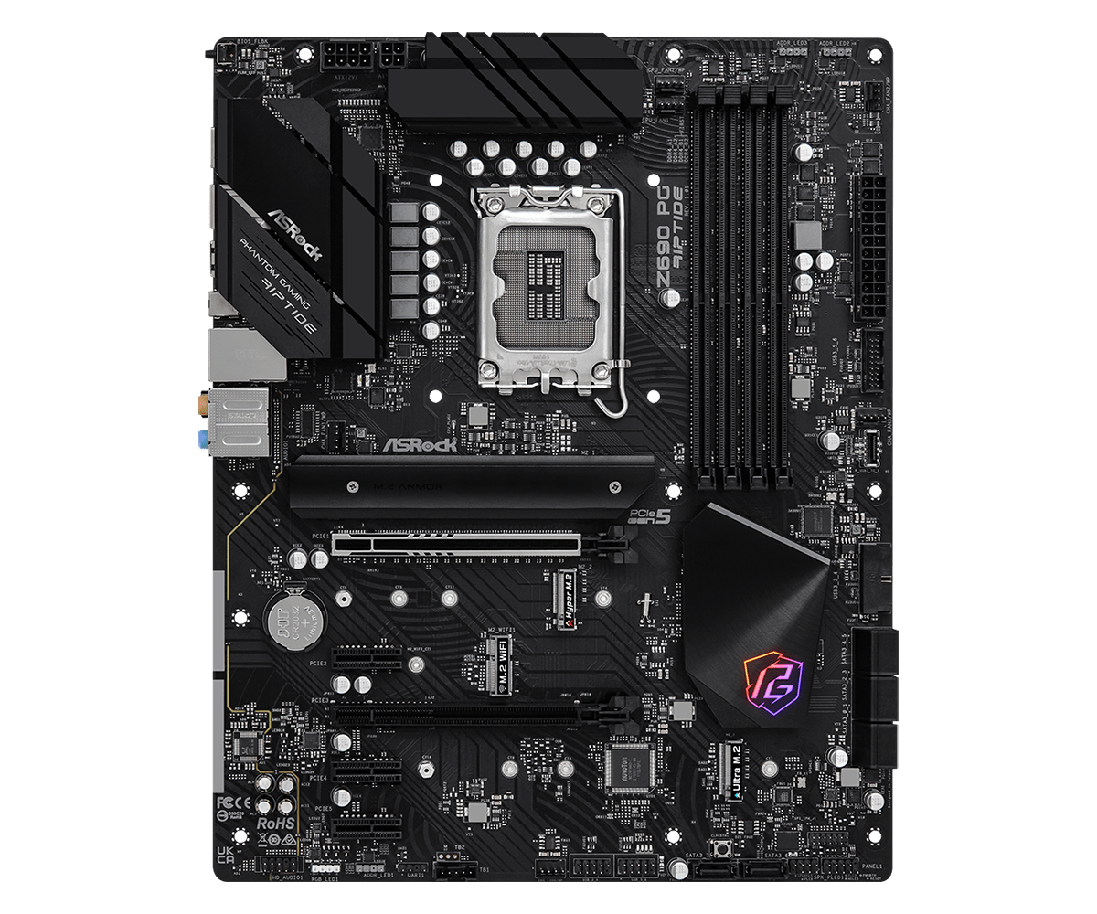 ASRock Z690 PG Riptide WIFI FCLGA1200 ATX Motherboard : 1 x DDR4 Slot, 2 x PCIe 3.0 x16 Slots, 1 x PCIe x1 Slot, 2 x PCIe x16 Slots, 1 x M.2 Slot, 8 x SATA III Slots 7.1-Channel Audio - Image 3