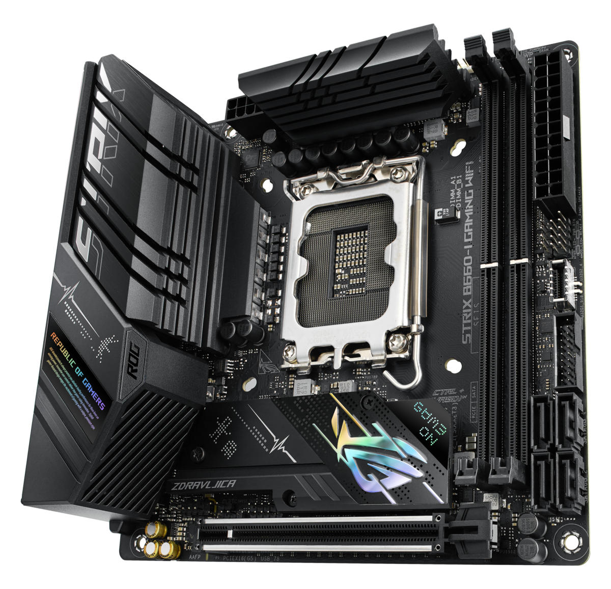 Asus ROG STRIX B660-I GAMING WIFI FCLGA1200 Mini ITX Motherboard : 1 x DDR4 Slot, 2 x PCIe 3.0 x16 Slots, 2 x PCIe x1 Slots, 2 x PCIe x4 Slots, 1 x PCIe x16 Slot, 4 x SATA III Slots 7.1-Channel Audio - Image 3