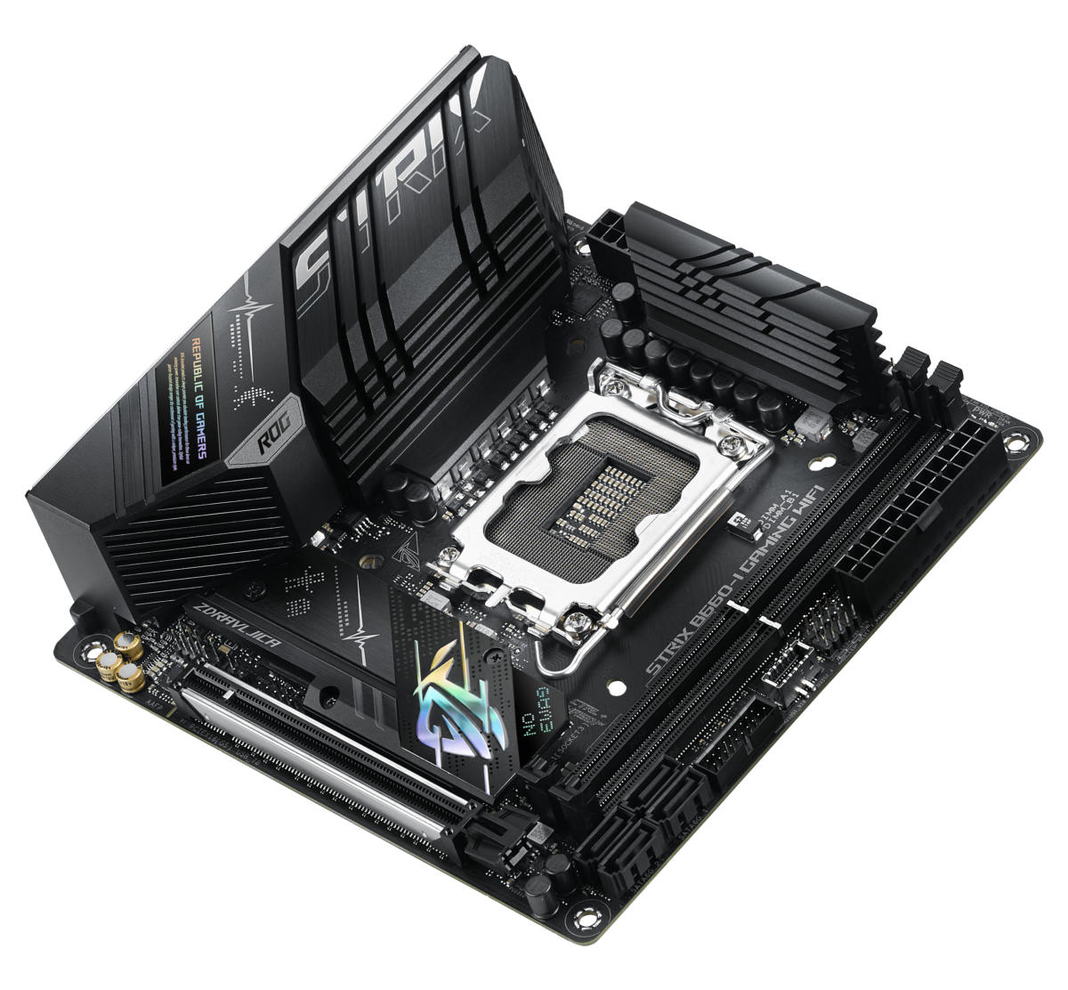 Asus ROG STRIX B660-I GAMING WIFI FCLGA1200 Mini ITX Motherboard : 1 x DDR4 Slot, 2 x PCIe 3.0 x16 Slots, 2 x PCIe x1 Slots, 2 x PCIe x4 Slots, 1 x PCIe x16 Slot, 4 x SATA III Slots 7.1-Channel Audio - Image 4