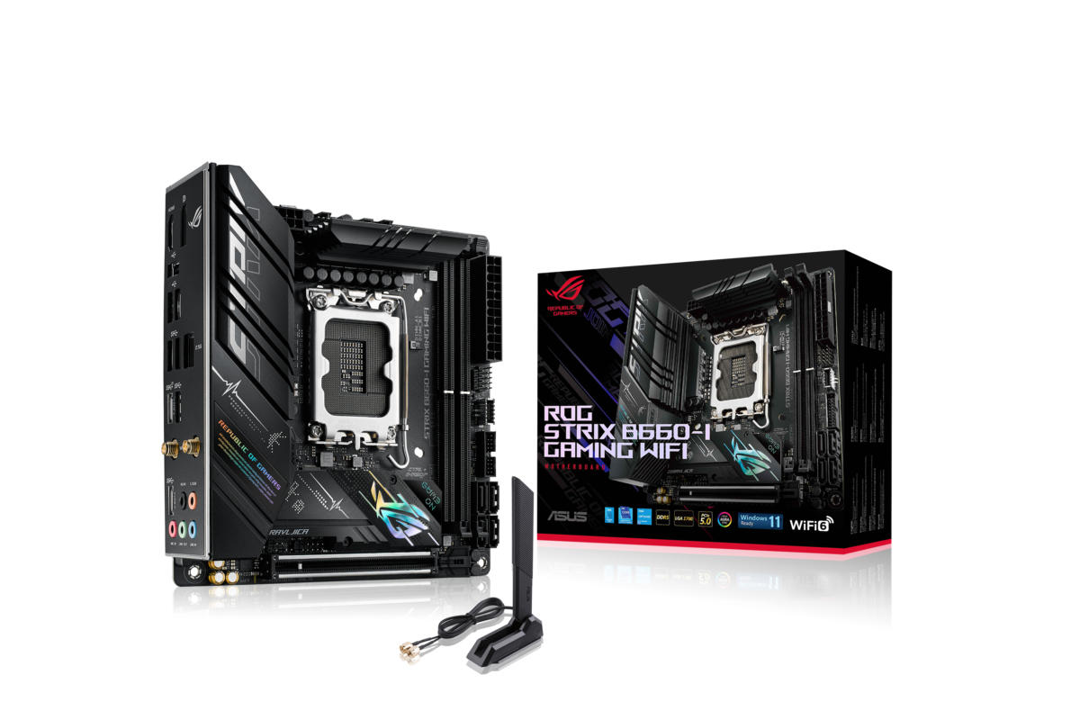 Asus ROG STRIX B660-I GAMING WIFI FCLGA1200 Mini ITX Motherboard : 1 x DDR4 Slot, 2 x PCIe 3.0 x16 Slots, 2 x PCIe x1 Slots, 2 x PCIe x4 Slots, 1 x PCIe x16 Slot, 4 x SATA III Slots 7.1-Channel Audio - Image 7