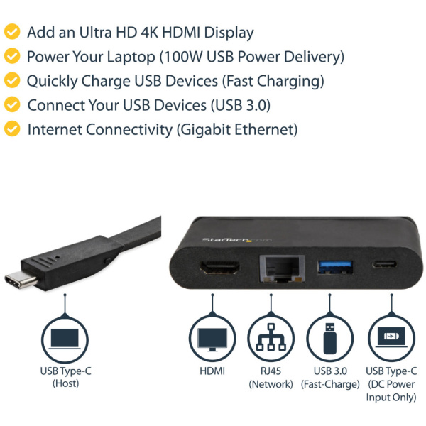 StarTech DKT30CHCPD USB C Multiport Adapter Portable Docking Station BLACK : 4K HDMI - 100W PD 3.0 Pass-Through, 1x USB-A, 1x USB-C, GbE - Thunderbolt 3 & USB Type-C - Image 4