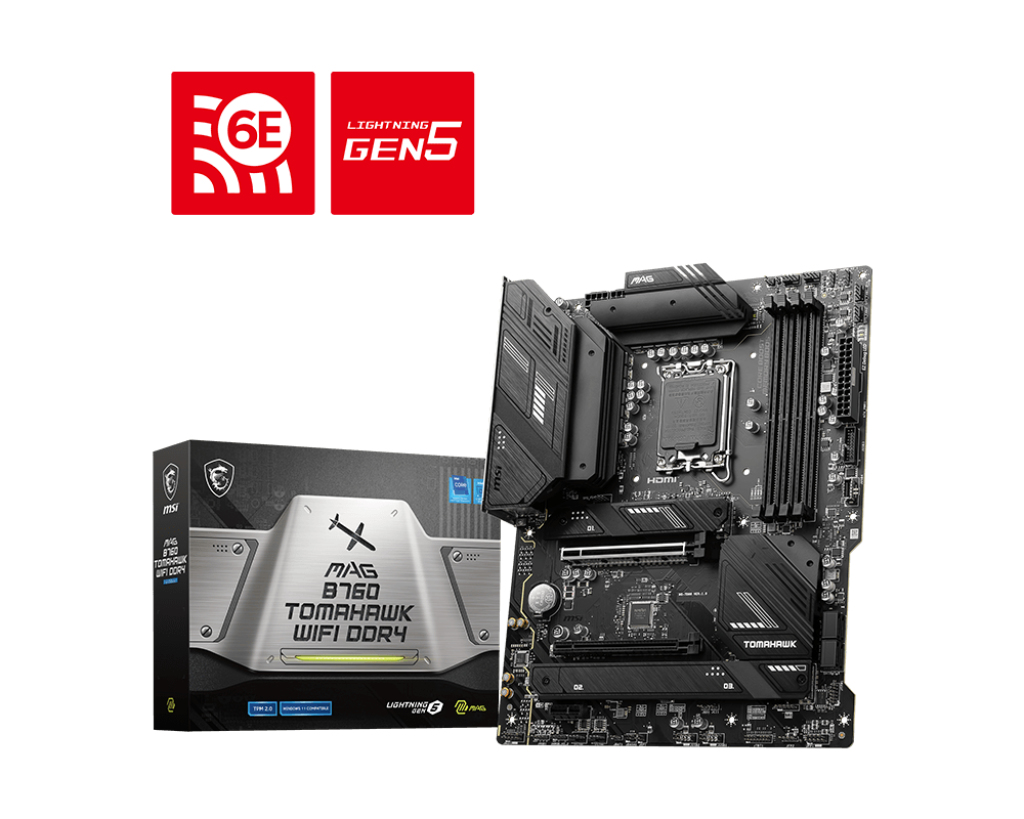 MSI MAG B760 TOMAHAWK WIFI DDR4 FCLGA1200 Micro ATX Motherboard : 1 x DDR4 Slot, 1 x PCIe 3.0 x16 Slot, 2 x PCIe x1 Slots, 1 x PCIe x16 Slot, 6 x SATA III Slots 7.1-Channel Audio