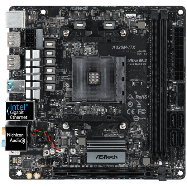 ASRock A320M AMD Mini ITX Motherboard : 2 DIMM DDR4, PCIe 3.0 x16, HDMI, 7.1 HD Channels, 4 x SATA 3, Ultra M.2 (PCIe Gen3 x4), 6 x USB 3.1 Gen1