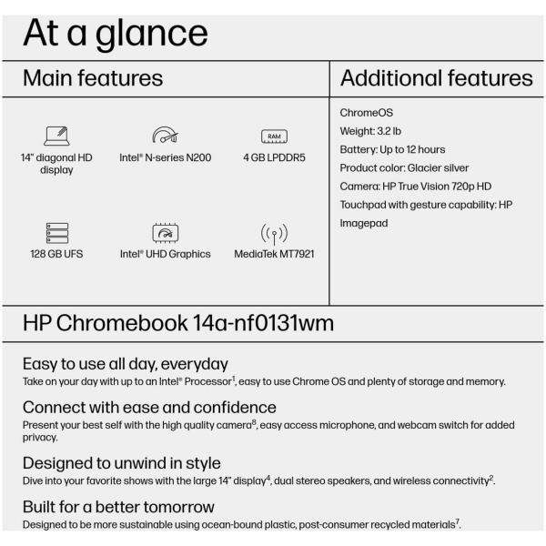 HP Chromebook 14A-NF0131 Intel® N200 128GB UFS 4GB 14"(1366x768) ChromeOS GLACIER SILVER - Image 4