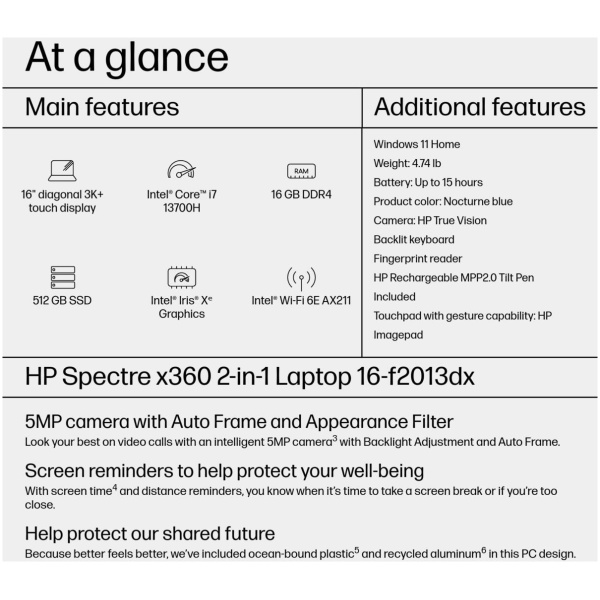 HP Spectre x360 16-F2013 2-IN-1 Core™ i7-13700H 512GB SSD 16GB 16" 3K+ (3072x1920) TOUCHSCREEN WIN11 NIGHTFALL BLACK Backlit Keyboard FP Reader - Image 5