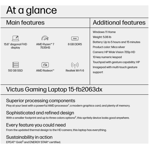 HP Victus 15-FB2063 GAMING Ryzen™ 5 7535HS 512GB SSD 8GB 15.6" (1920x1080) WIN11 Radeon™ RX 6550M 4096MB MICA SILVER Backlit Keyboard - Image 3