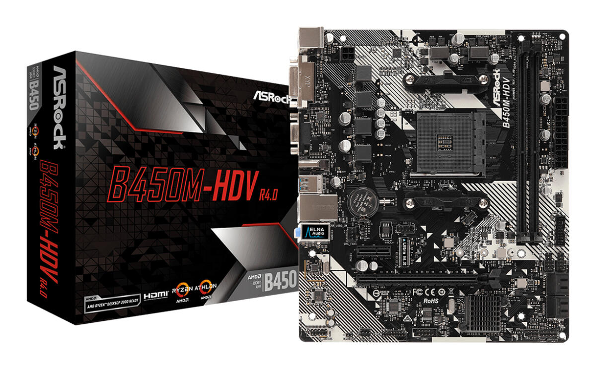 ASRock B450M-HDV R4.0 AMD B450 AM4 Socket Ryzen 2000 - 5000 Processors DDR4 3200 64GB HDMI DVI-D D-Sub Motherboard SATA 6Gb/s Micro ATX M.2