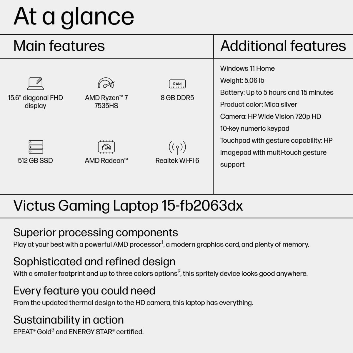 HP VICTUS 15-FB2063 GAMING AMD Ryzen™ 5 7535HS 512GB SSD 8GB 15.6" (1920x1080) WIN11 Radeon™ RX 6550M 4096MB MICA SILVER Backlit Keyboard - 9Z7L4UA#ABA - Image 4