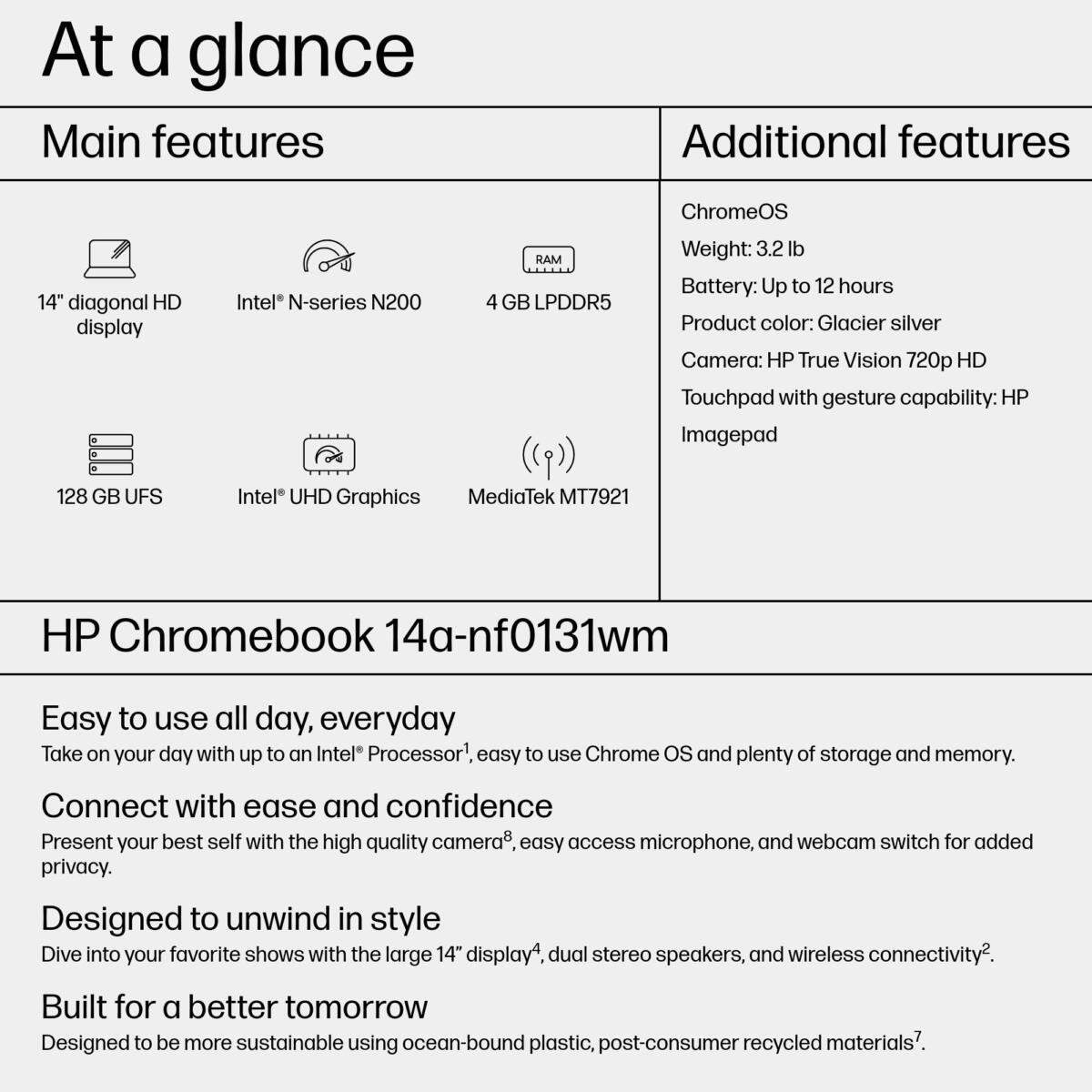 HP Chromebook 14A-NF0131 Pentium® N200 128GB UFS 4GB 14" (1366x768) CHROME GLACIER SILVER - Image 4