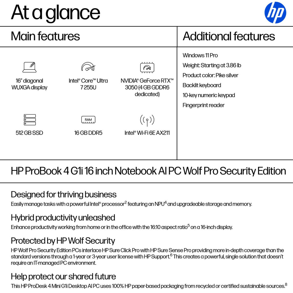 HP ProBook 4 G1i Core™ Ultra 7 255U 512GB SSD 16GB 16" (1920x1200) WIN11 Pro PIKE SILVER Backlit Keyboard FP Reader - Image 4