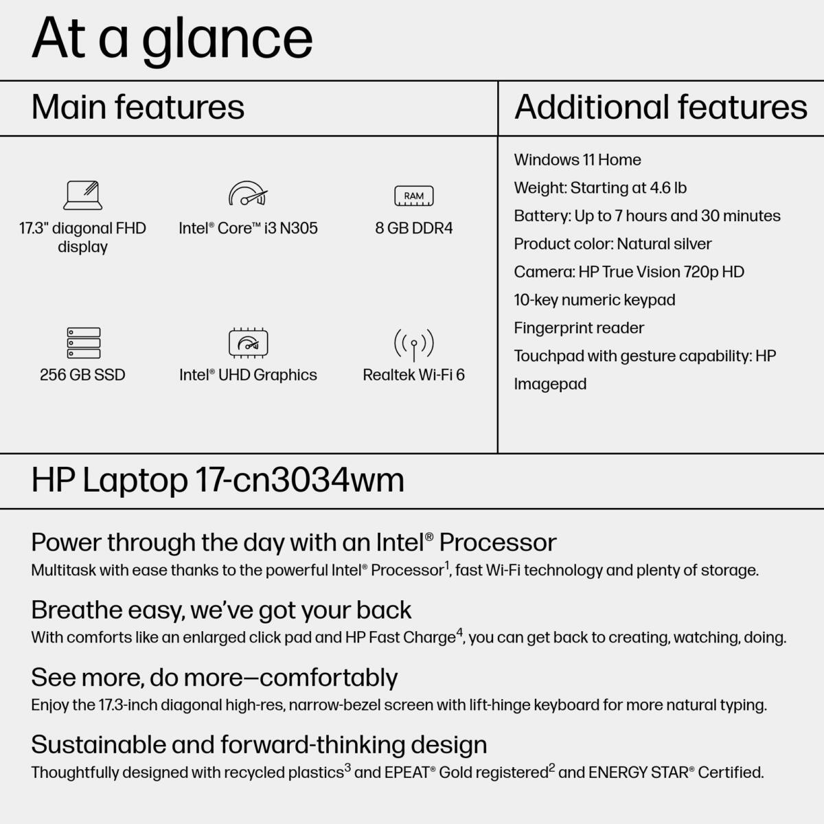 HP 17-CN3034 Core™ i3-N305 256GB SSD 8GB 17.3" (1920x1080) WIN11 NATURAL SILVER FP Reader - Image 4