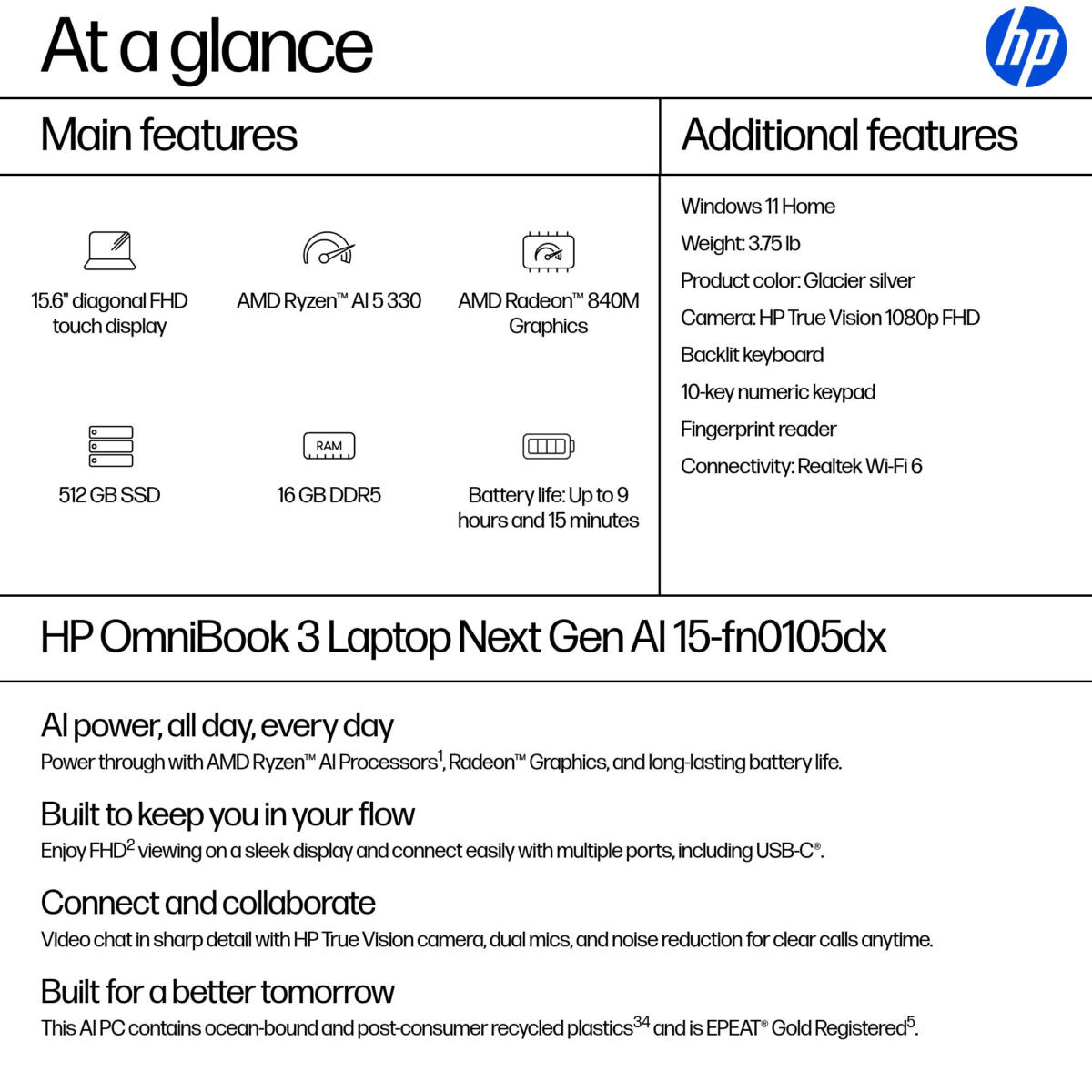 HP OmniBook 3 15-FN0105 Ryzen™ AI 5 330 512GB SSD 16GB 15.6" (1920x1080) TOUCHSCREEN IPS WIN11 GLACIER SILVER FP Reader - Image 3