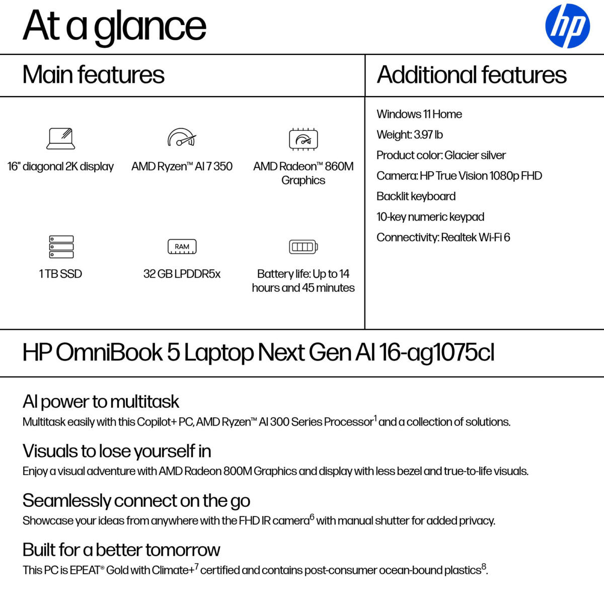 HP OmniBook 5 NGAI 16-AG1075 Ryzen™ AI 7 350 1TB SSD 32GB 16" WUXGA (1920x1200) TOUCHSCREEN WIN11 IR Webcam GLACIER SILVER Backlit Keyboard - Image 4