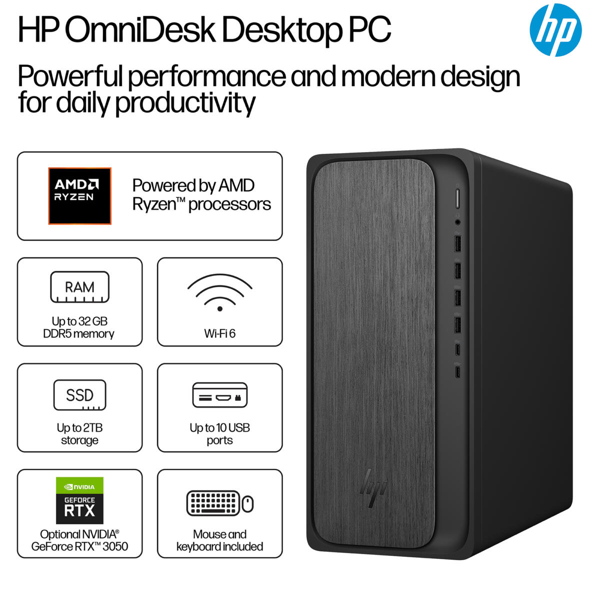 HP OMNIDESK M02-0095M TOWER AMD Ryzen™ 7 8700G2TB SSD 16GB WIN11 NVIDIA® RTX 3050 GB GRAY WOOD Wireless Keyboard Mouse US Sales Only - Image 6