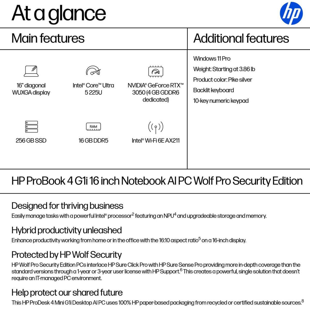 HP ProBook 4 G1i AI Core™ Ultra 5 225U 256GB SSD 16GB 16" WUXGA (1920x1200) IPS WIN11 Pro PIKE SILVER Backlit Keyboard - Image 4