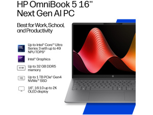 HP OmniBook 5 16-CD0070 Core™ Ultra 7 355 1TB SSD 16GB 16" (1920x1200) TOUCHSCREEN WIN11 METEOR SILVER ALUMINUM Backlit Keyboard