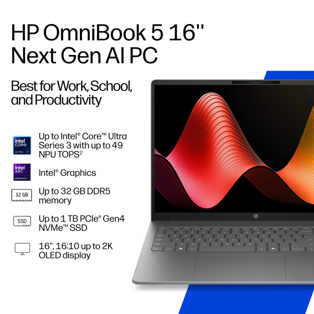 HP OmniBook 5 16-CD0070 Core™ Ultra 7 355 1TB SSD 16GB 16" (1920x1200) TOUCHSCREEN WIN11 METEOR SILVER ALUMINUM Backlit Keyboard