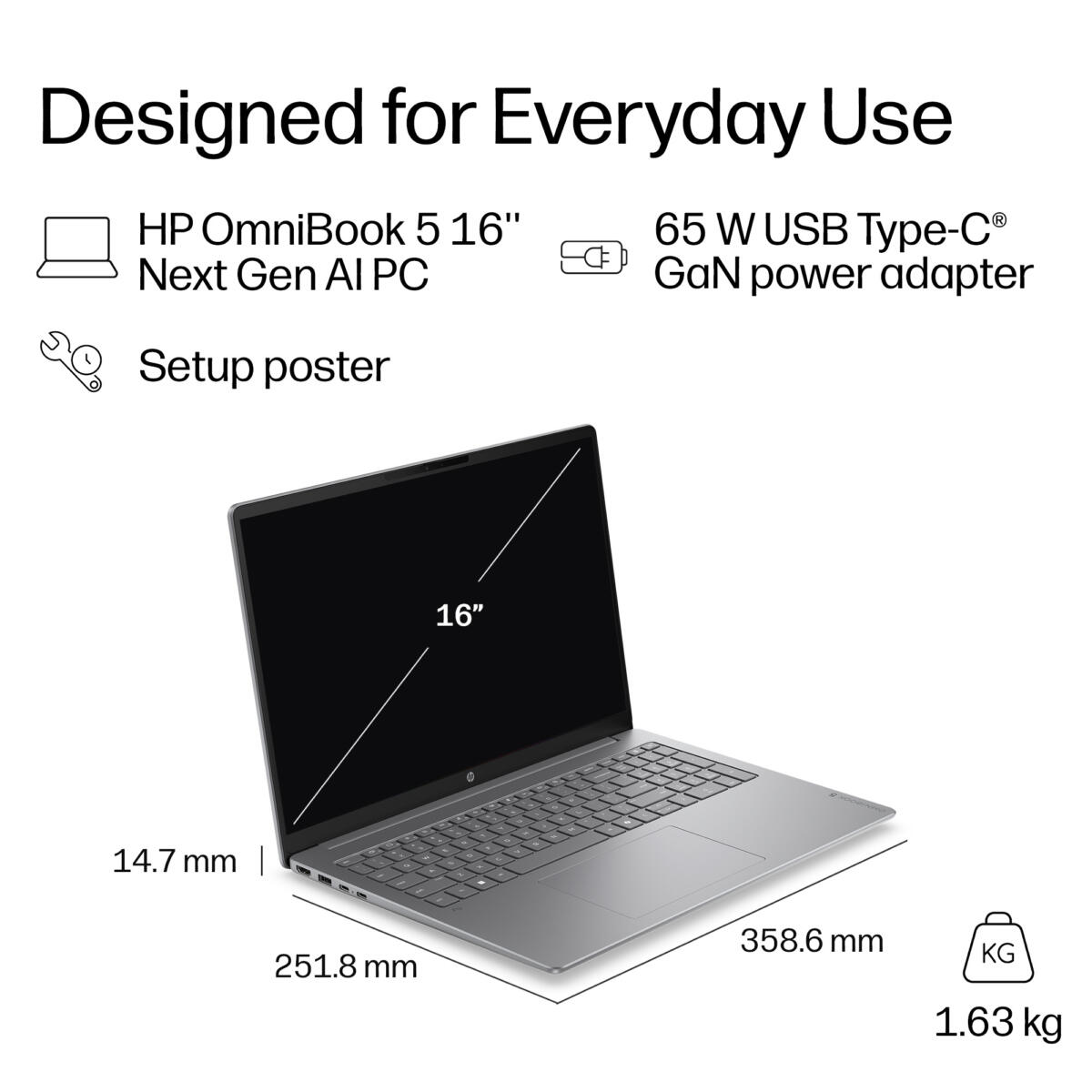 HP OmniBook 5 16-CD0070 Core™ Ultra 7 355 1TB SSD 16GB 16" (1920x1200) TOUCHSCREEN WIN11 METEOR SILVER ALUMINUM Backlit Keyboard - Image 3