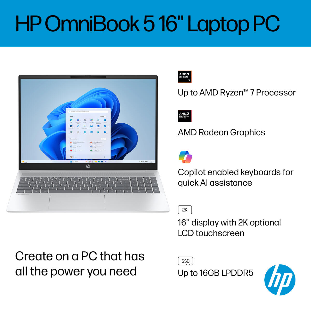 HP OmniBook 5 16-BC1052 Ryzen™ 5 8540U 512GB SSD 8GB 16" WUXGA (1920x1200) WIN11 IR Webcam GLACIER SILVER Backlit Keyboard - Image 4