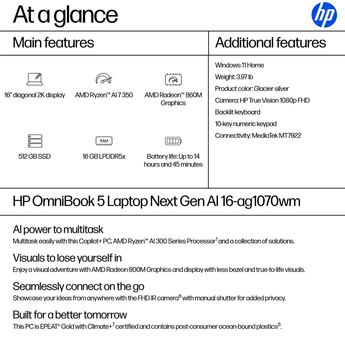 HP OmniBook 5 16-AG1070 AMD Ryzen™ AI 7 350 512GB SSD 16GB 16" WUXGA (1920x1200) WIN11 IR Webcam GLACIER SILVER Backlit Keyboard - Image 4