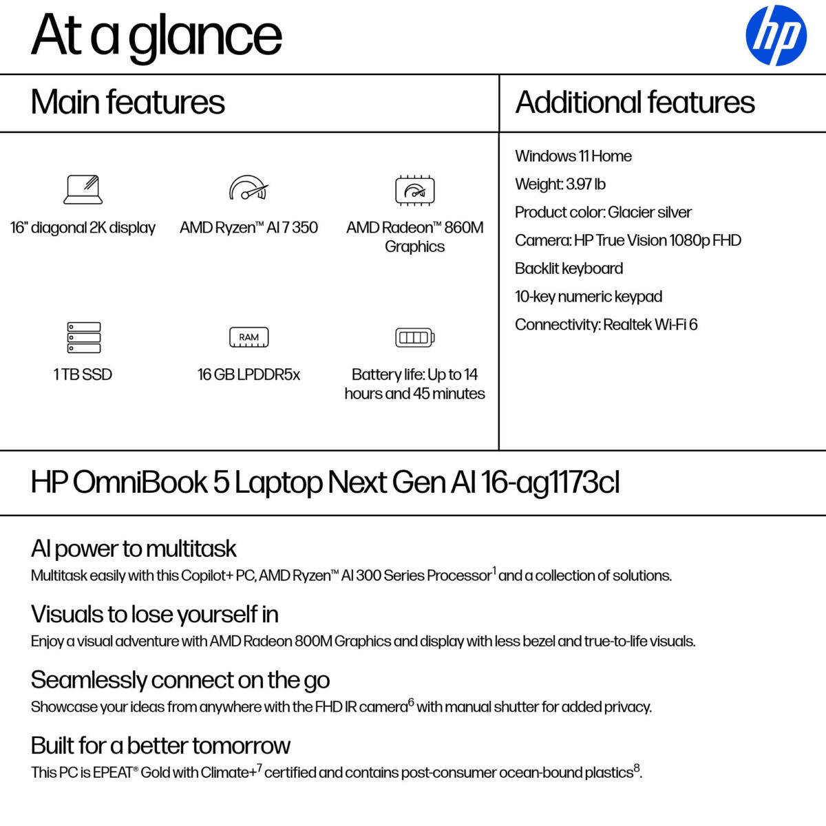 HP OmniBook 5 Core™ 16-AG1173 Ryzen™ AI 7 350 1TB SSD 16GB 16" WUXGA (1920x1200) TOUCHSCREEN IPS WIN11 IR Webcam SILVER Backlit Keyboard - Image 4