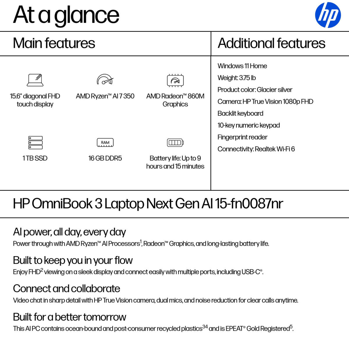 HP OmniBook 3 15-FN0087 Ryzen™ AI 7 350 1TB SSD 16GB 15.6" (1920x1080) TOUCHSCREEN WIN11 GLACIER SILVER Backlit Keyboard FP Reader US Sales Only - Image 3